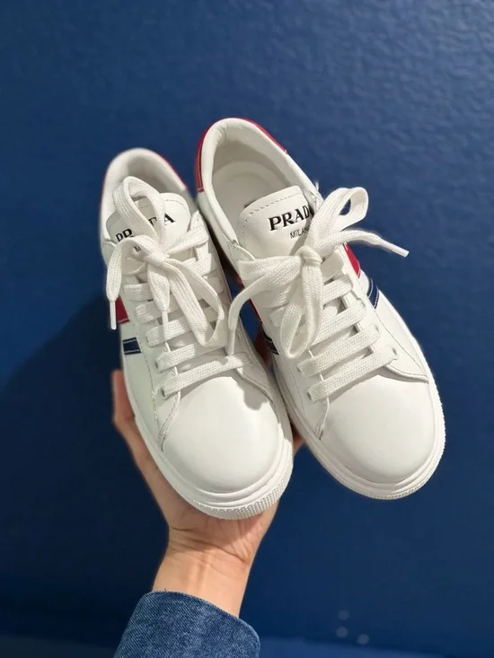 Prada White Leather Sneakers Red Stripe | Size 35 | Like New | Full Set - Picture 7 of 13